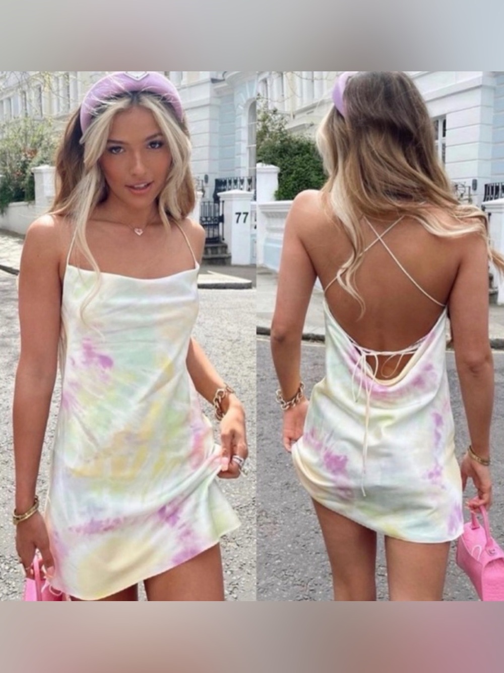 Zara Pastel Tie-Dye Satin Slip Mini Dress in Yellow, Green, Pink